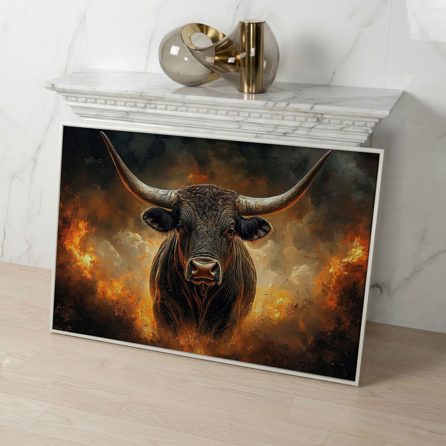 Bull with Horns Canvas Wall Art, Fiery Storm Portrait in white floating frame