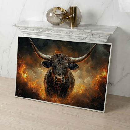 Bull with Horns Canvas Wall Art, Fiery Storm Portrait in white floating frame