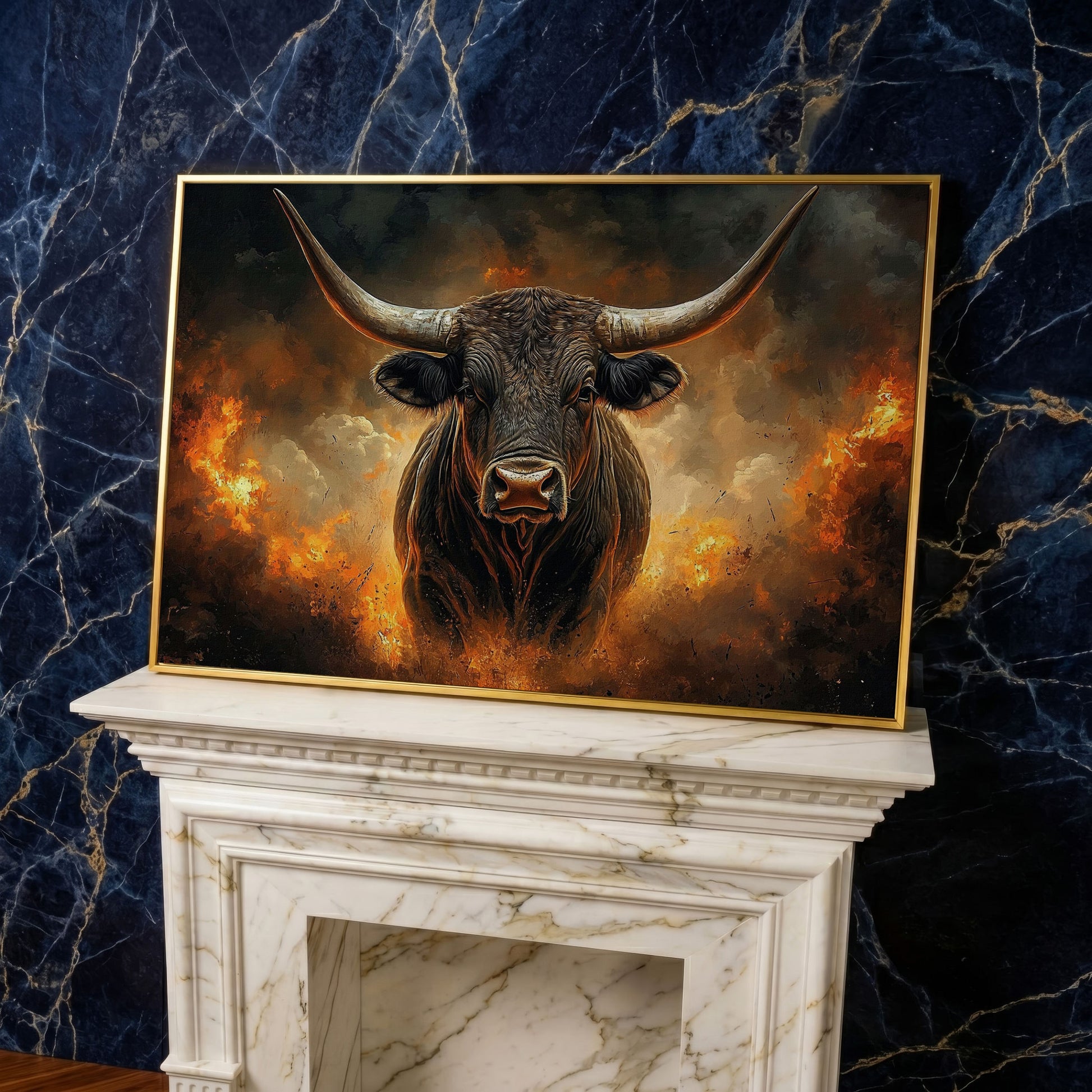 Bull with Horns Canvas Wall Art, Fiery Storm Portrait in yellow gold floating frame