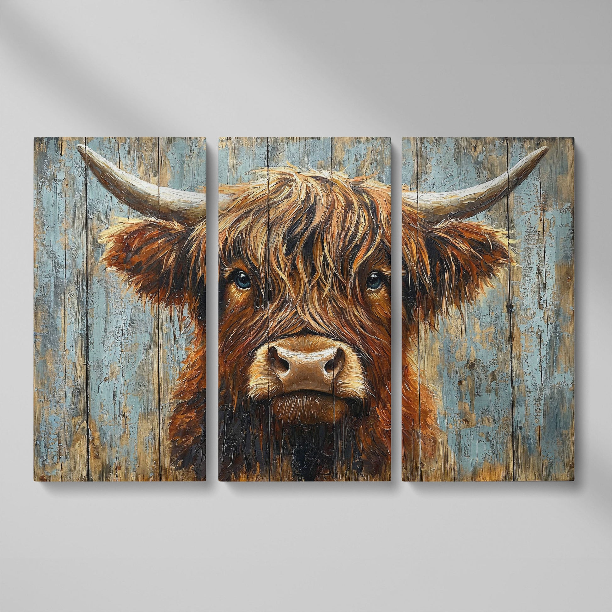 Highland Cow Portrait Canvas Wall Art, Rustic Farmhouse Statement Piece as 3-panel split version