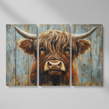 Highland Cow Portrait Canvas Wall Art, Rustic Farmhouse Statement Piece as 3-panel split version