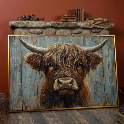 Highland Cow Portrait Canvas Wall Art, Rustic Farmhouse Statement Piece in antique gold floating frame