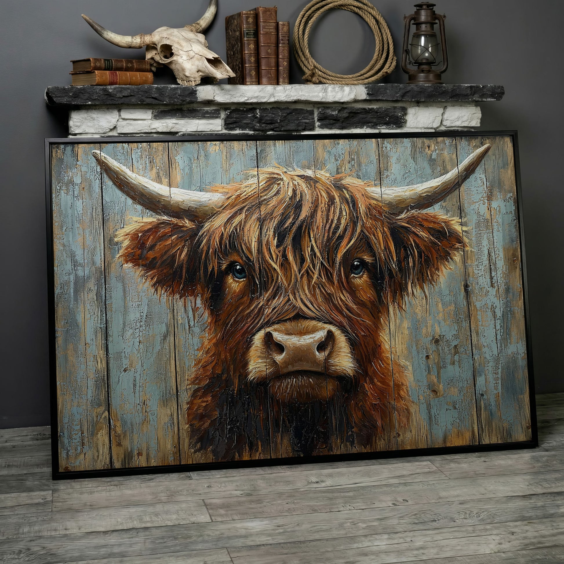 Highland Cow Portrait Canvas Wall Art, Rustic Farmhouse Statement Piece in black floating frame