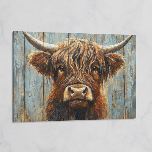 Highland Cow Portrait Canvas Wall Art, Rustic Farmhouse Statement Piece on gallery wrap