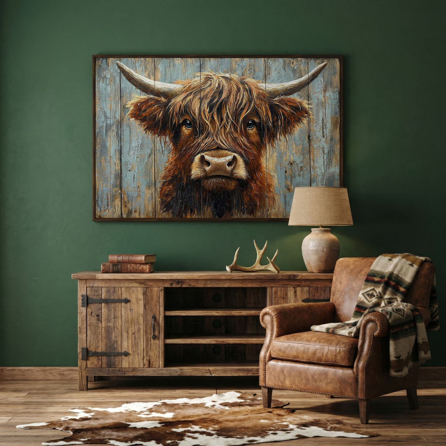 Highland Cow Portrait Canvas Wall Art, Rustic Farmhouse Statement Piece in dark walnut floating frame