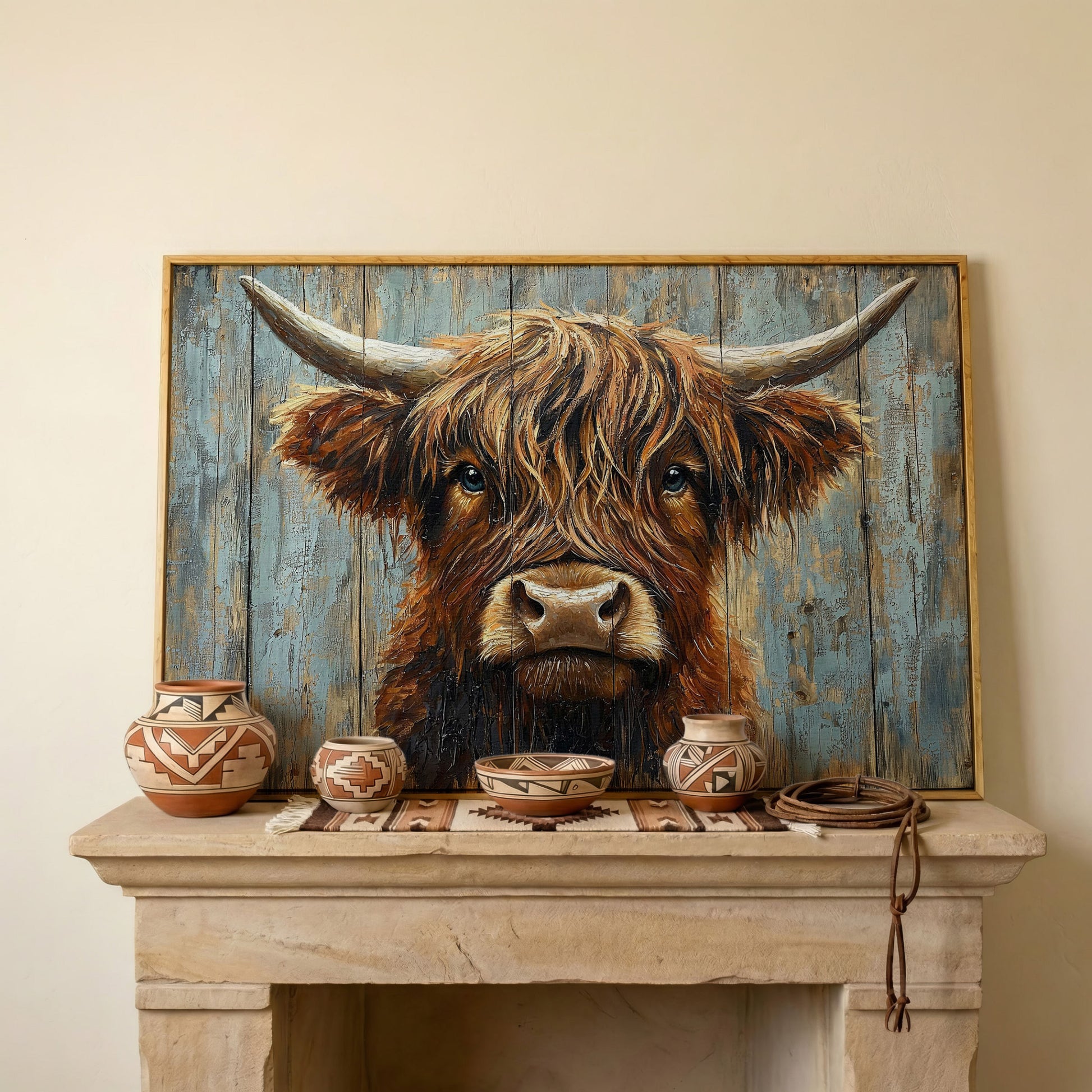 Highland Cow Portrait Canvas Wall Art, Rustic Farmhouse Statement Piece in white oak floating frame