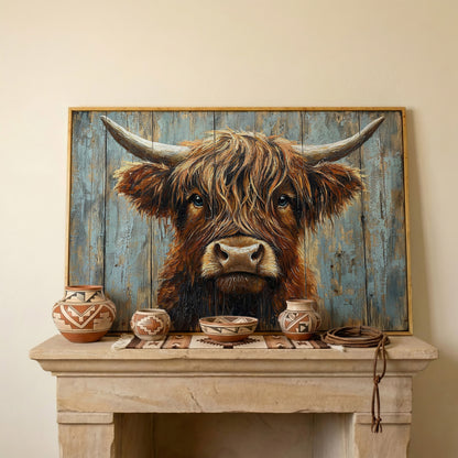 Highland Cow Portrait Canvas Wall Art, Rustic Farmhouse Statement Piece in white oak floating frame