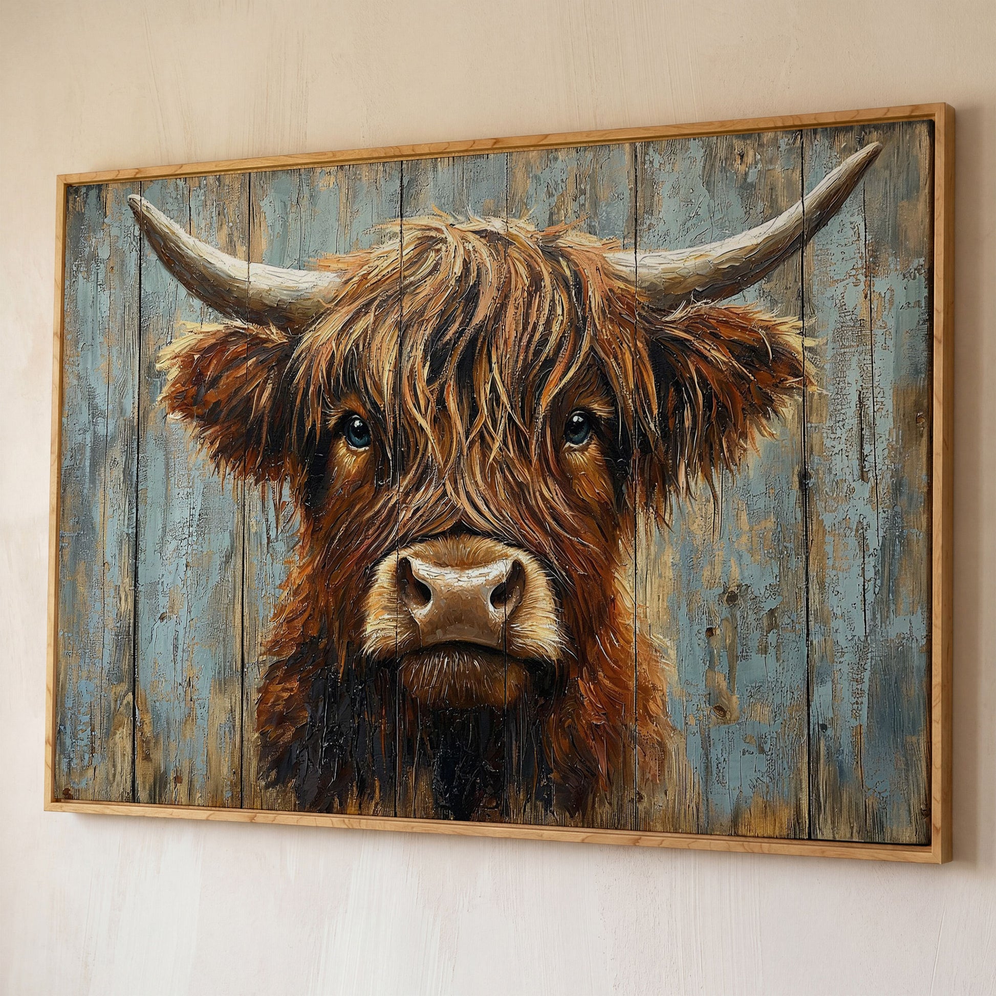 Highland Cow Portrait Canvas Wall Art, Rustic Farmhouse Statement Piece shown in white oak floating frame