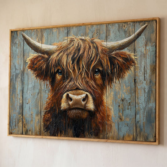 Highland Cow Portrait Canvas Wall Art, Rustic Farmhouse Statement Piece shown in white oak floating frame