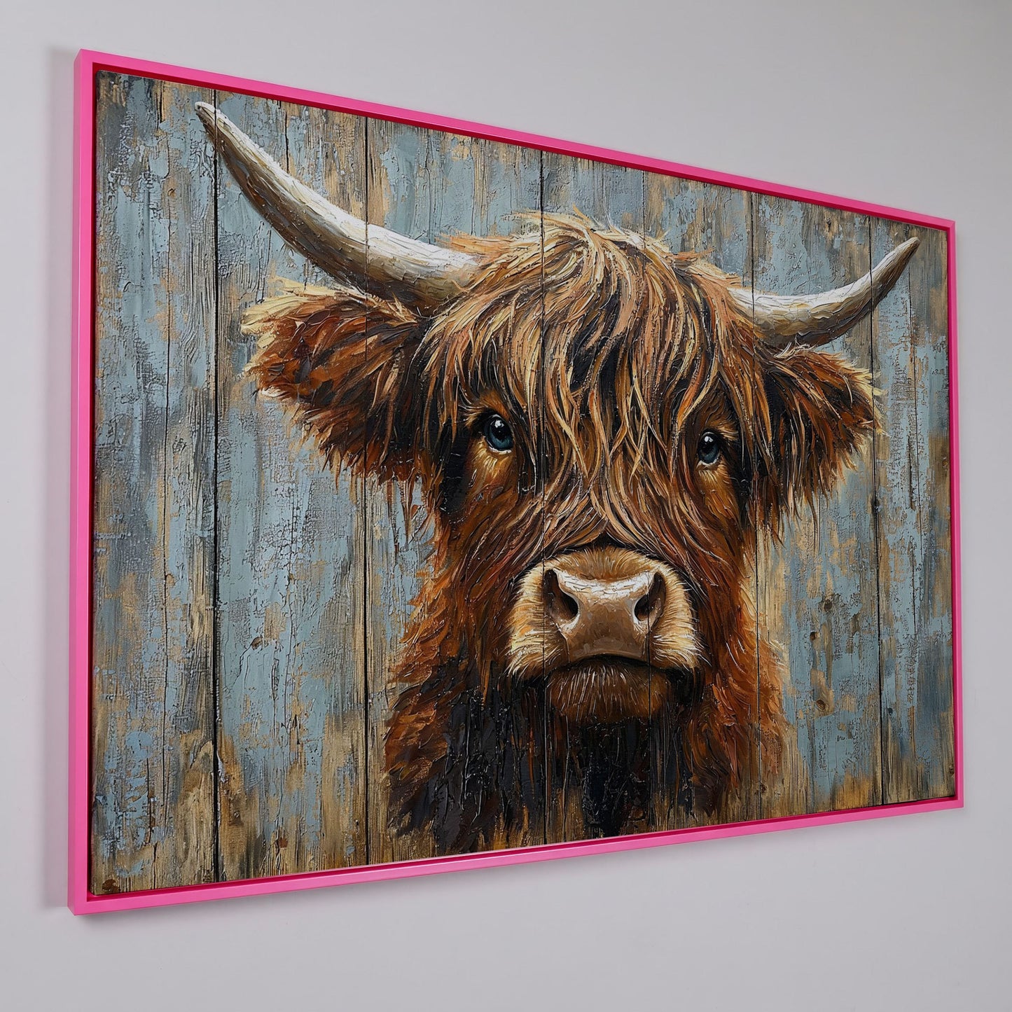 Highland Cow Portrait Canvas Wall Art, Rustic Farmhouse Statement Piece in pink floating frame