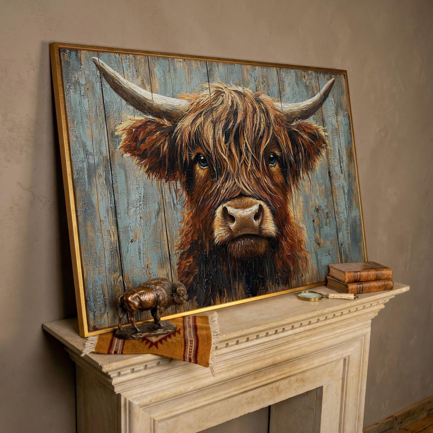 Highland Cow Portrait Canvas Wall Art, Rustic Farmhouse Statement Piece in rose gold floating frame
