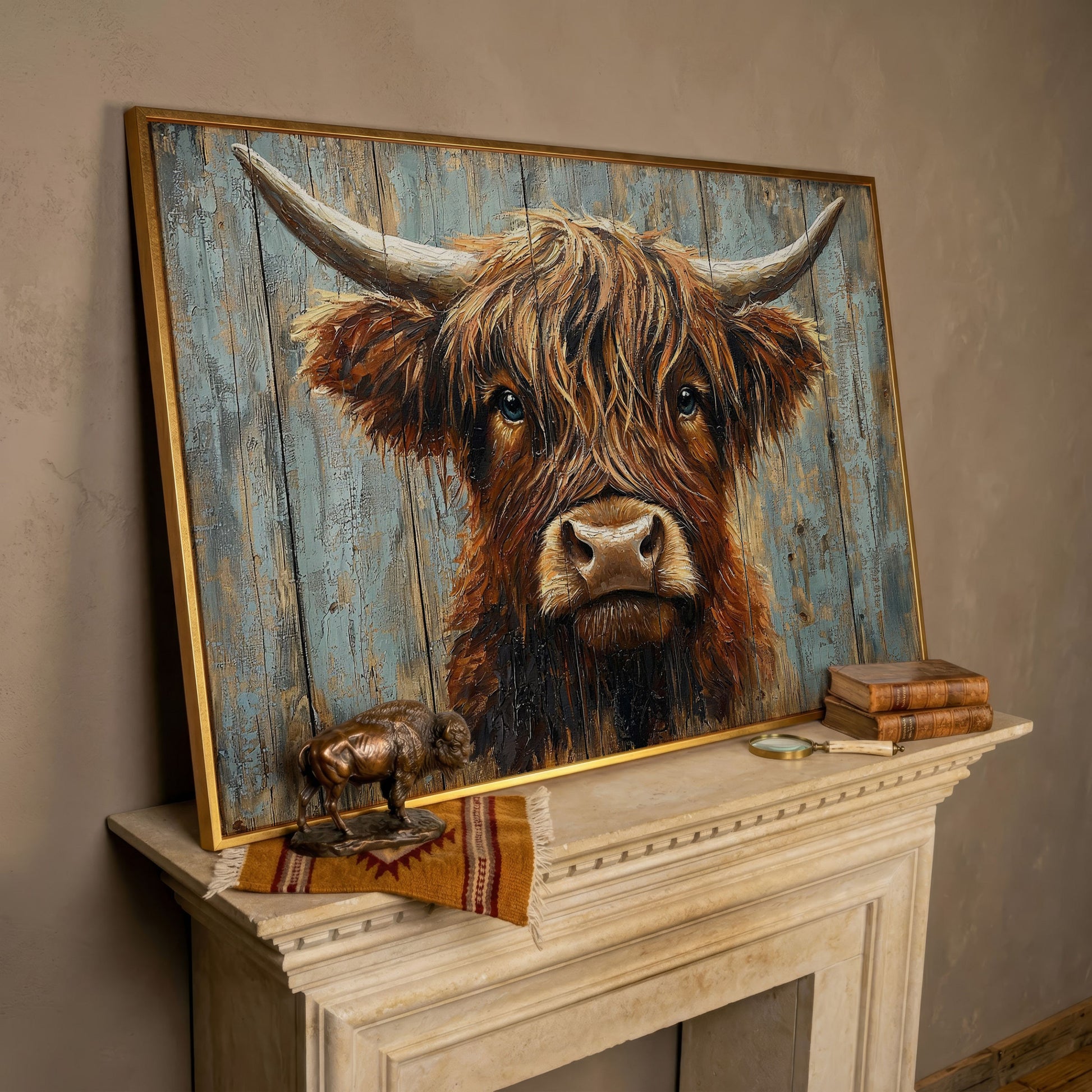 Highland Cow Portrait Canvas Wall Art, Rustic Farmhouse Statement Piece in rose gold floating frame