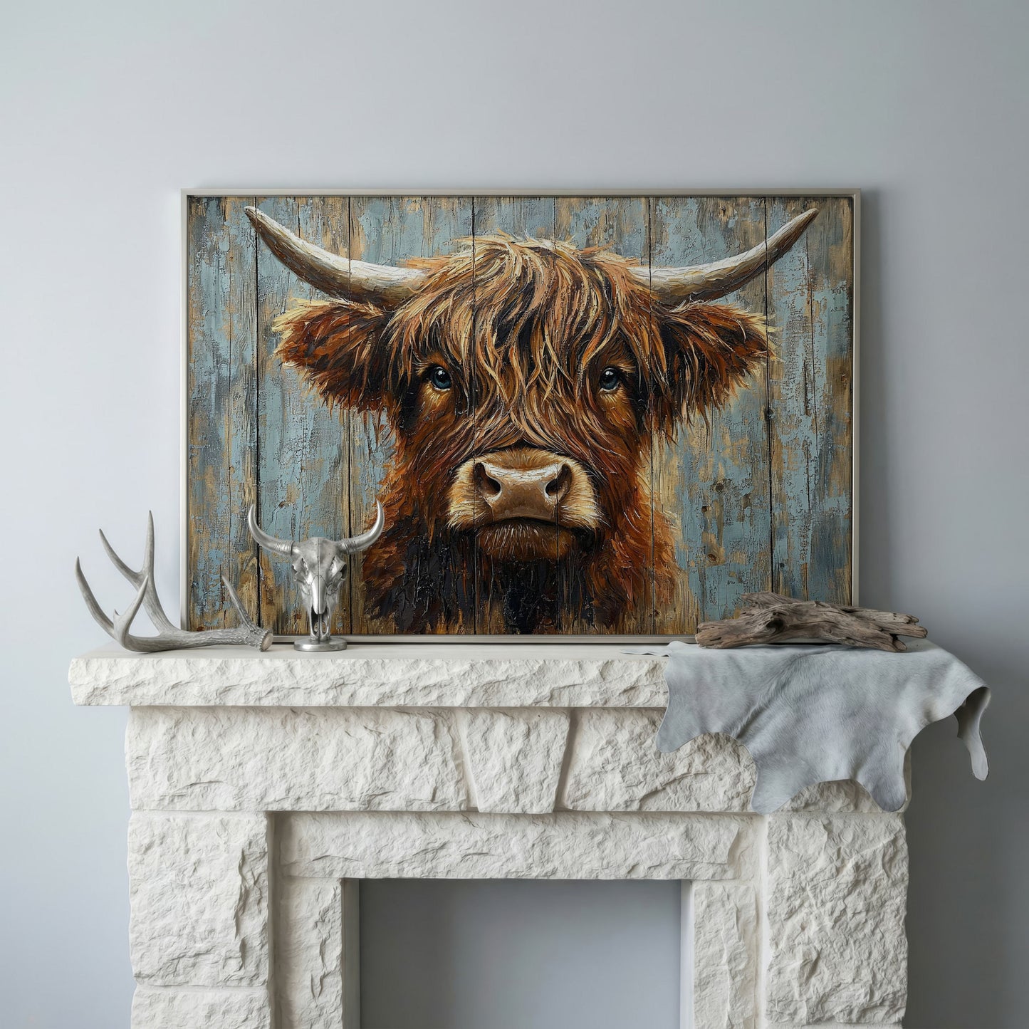Highland Cow Portrait Canvas Wall Art, Rustic Farmhouse Statement Piece in silver floating frame