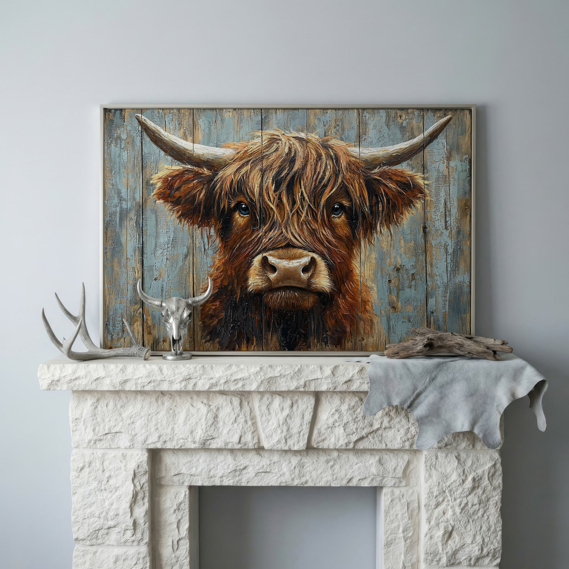 Highland Cow Portrait Canvas Wall Art, Rustic Farmhouse Statement Piece in silver floating frame