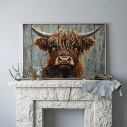 Highland Cow Portrait Canvas Wall Art, Rustic Farmhouse Statement Piece in silver floating frame