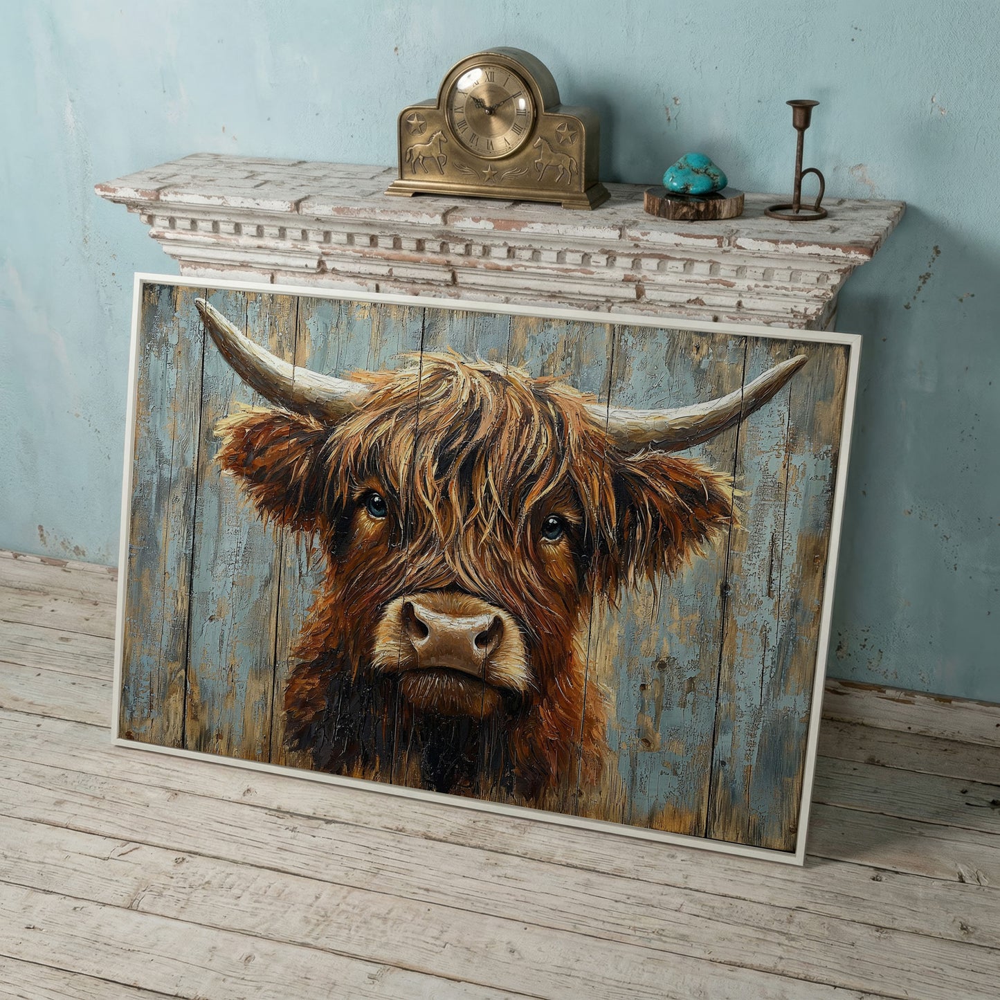Highland Cow Portrait Canvas Wall Art, Rustic Farmhouse Statement Piece in white floating frame