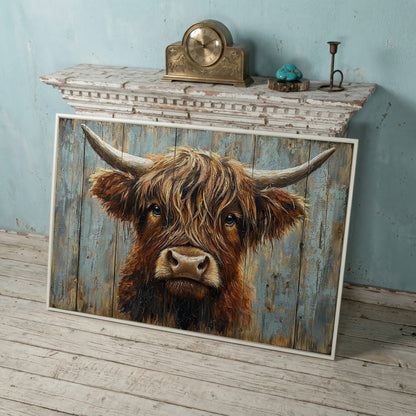 Highland Cow Portrait Canvas Wall Art, Rustic Farmhouse Statement Piece in white floating frame