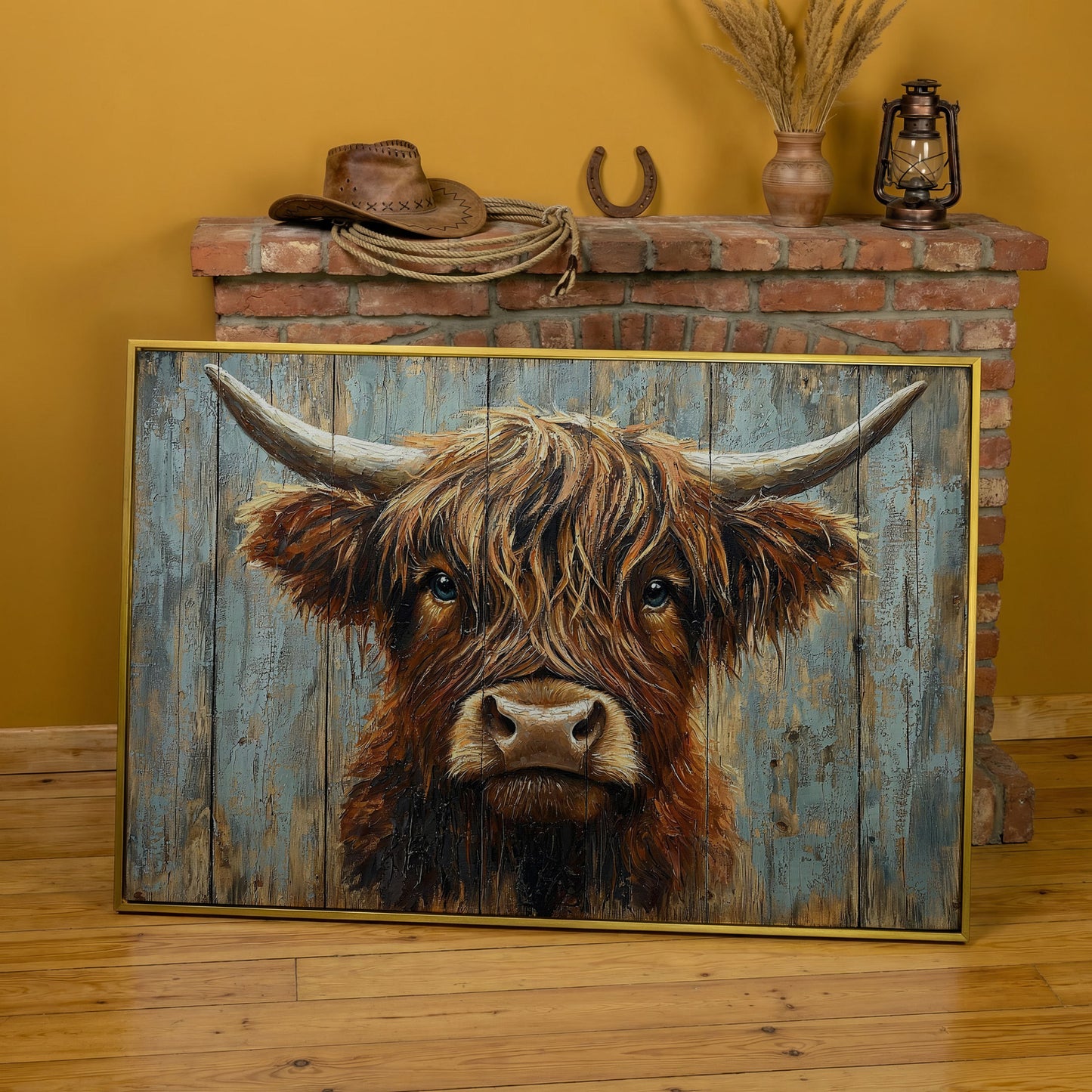 Highland Cow Portrait Canvas Wall Art, Rustic Farmhouse Statement Piece in yellow gold floating frame