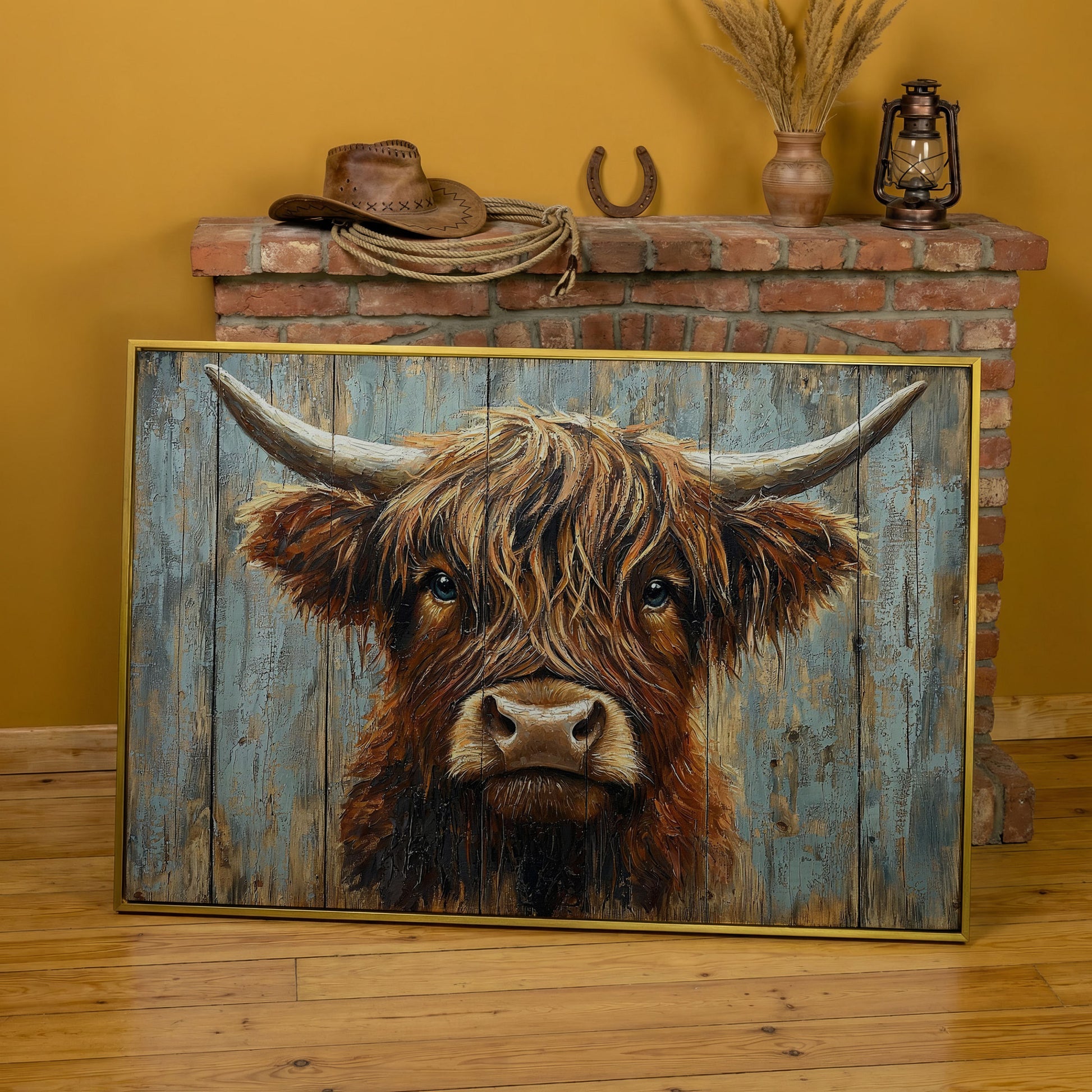 Highland Cow Portrait Canvas Wall Art, Rustic Farmhouse Statement Piece in yellow gold floating frame