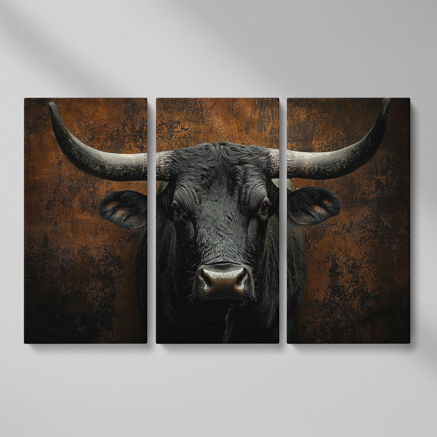 Bull Portrait Canvas Wall Art, Close-Up Horns and Textured Fur as 3-panel split version