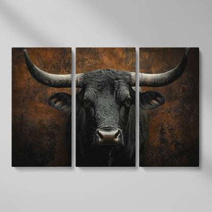 Bull Portrait Canvas Wall Art, Close-Up Horns and Textured Fur as 3-panel split version