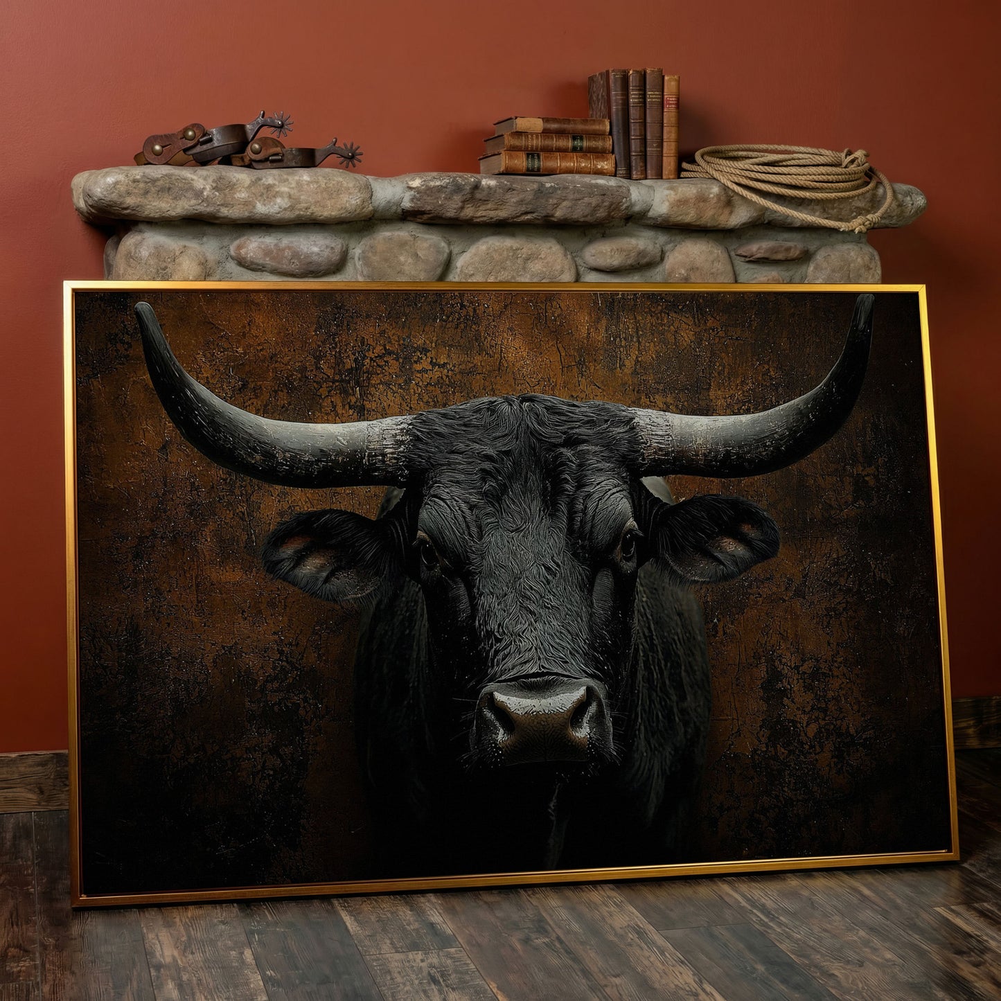 Bull Portrait Canvas Wall Art, Close-Up Horns and Textured Fur in antique gold floating frame