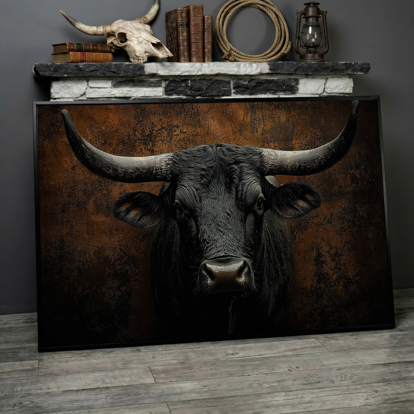 Bull Portrait Canvas Wall Art, Close-Up Horns and Textured Fur in black floating frame