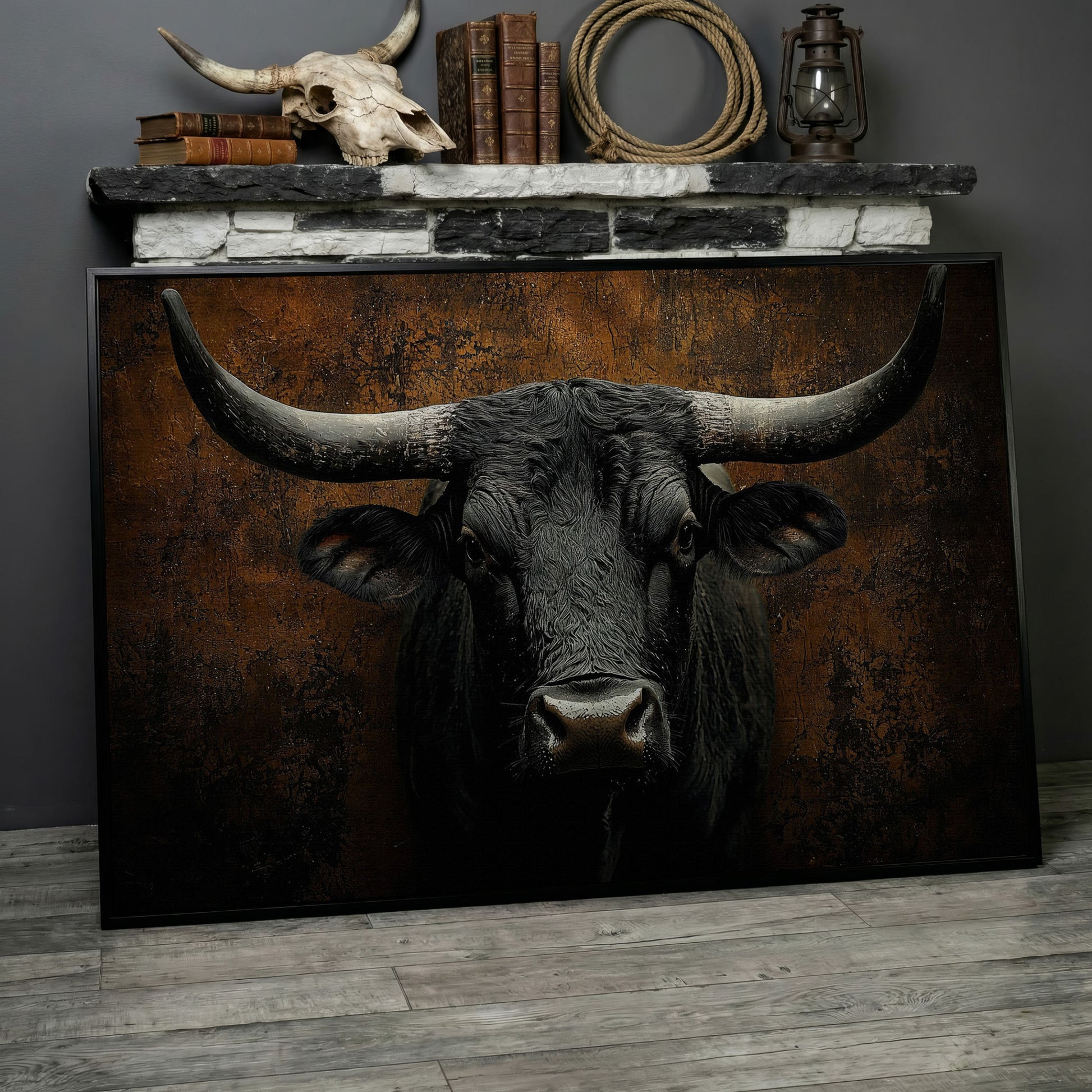 Bull Portrait Canvas Wall Art, Close-Up Horns and Textured Fur in black floating frame