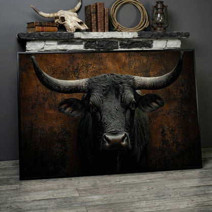 Bull Portrait Canvas Wall Art, Close-Up Horns and Textured Fur in black floating frame