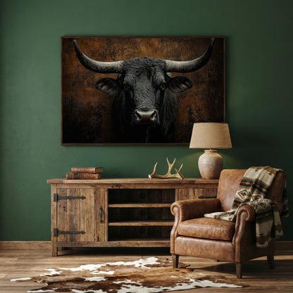 Bull Portrait Canvas Wall Art, Close-Up Horns and Textured Fur in dark walnut floating frame
