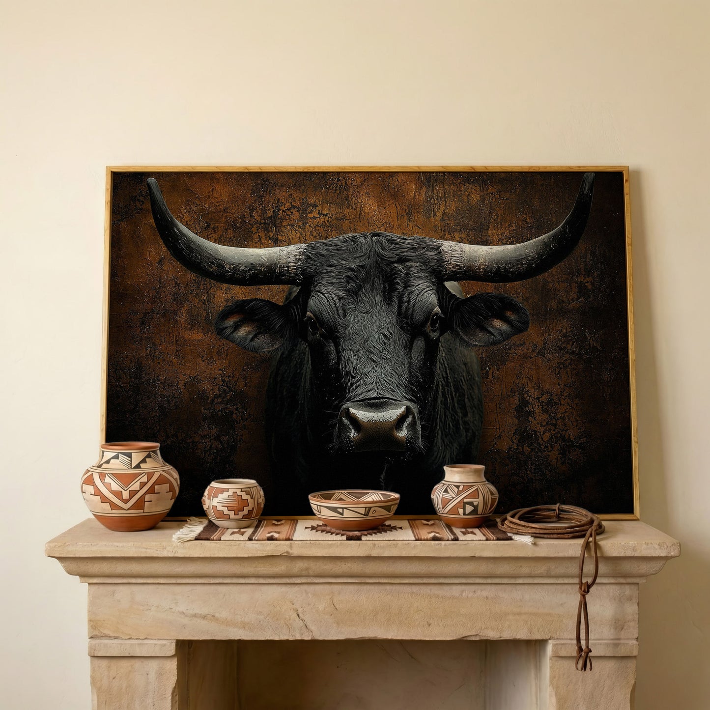 Bull Portrait Canvas Wall Art, Close-Up Horns and Textured Fur in white oak floating frame