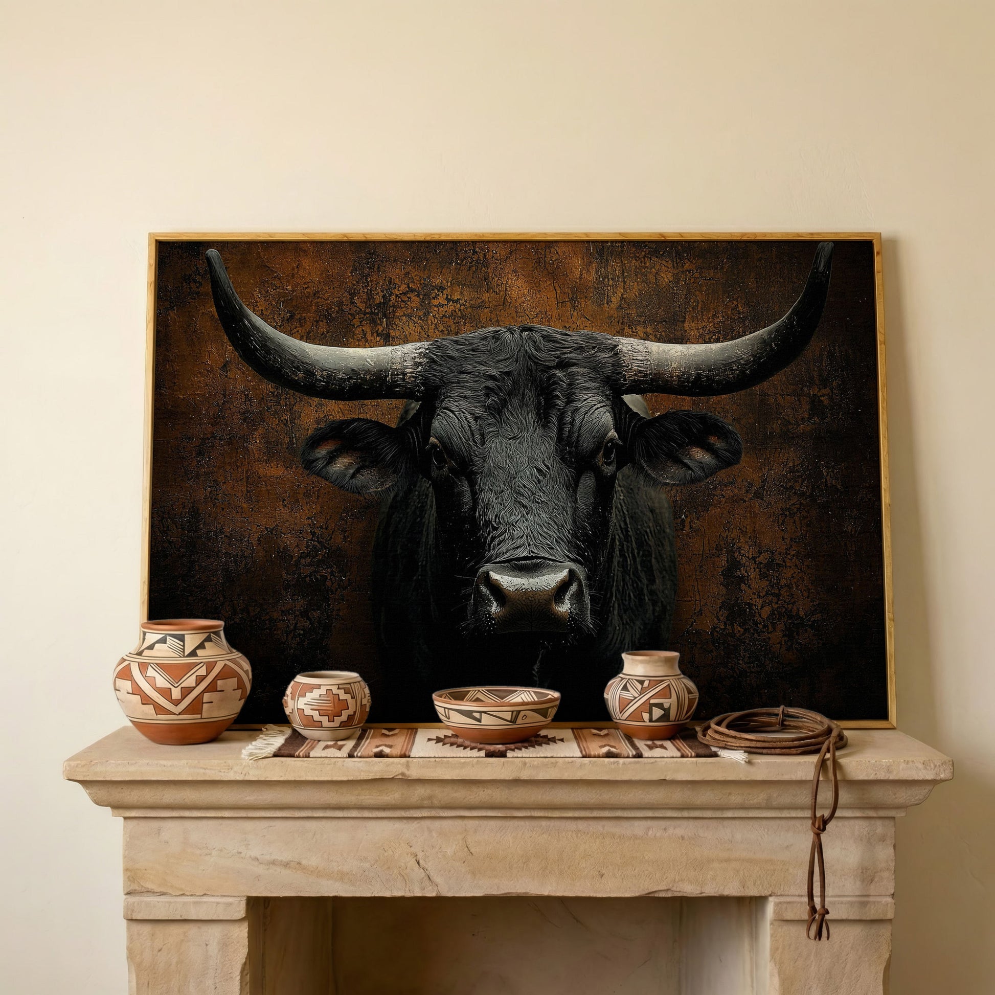Bull Portrait Canvas Wall Art, Close-Up Horns and Textured Fur in white oak floating frame