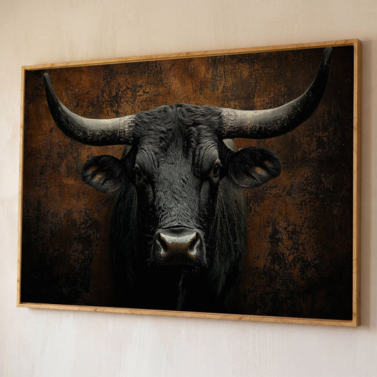 Bull Portrait Canvas Wall Art, Close-Up Horns and Textured Fur shown in white oak floating frame