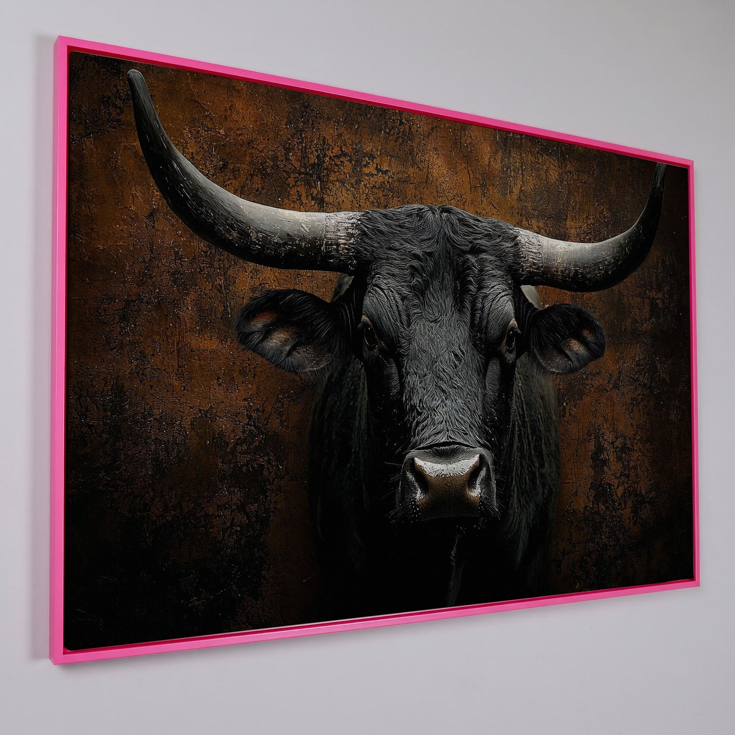 Bull Portrait Canvas Wall Art, Close-Up Horns and Textured Fur in pink floating frame