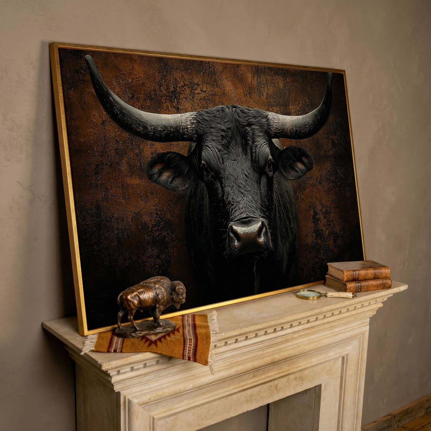 Bull Portrait Canvas Wall Art, Close-Up Horns and Textured Fur in rose gold floating frame