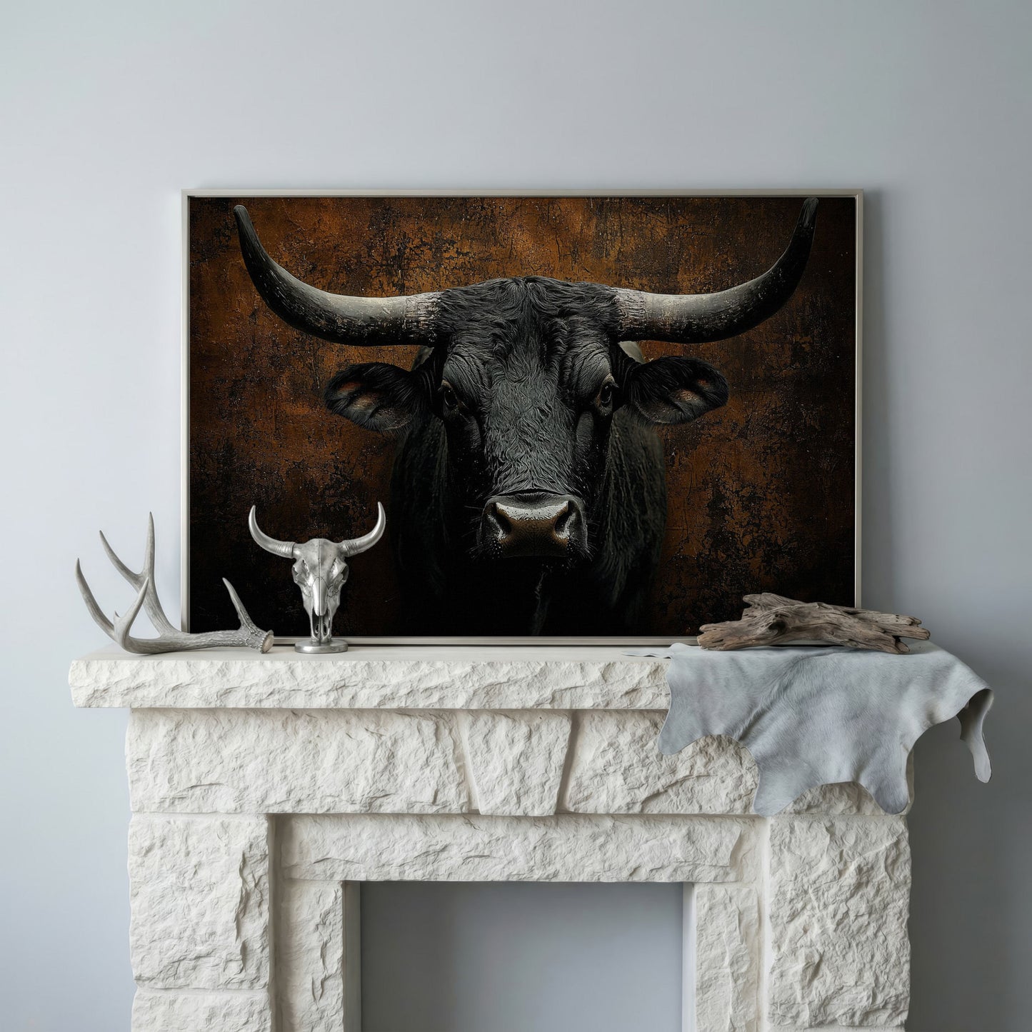 Bull Portrait Canvas Wall Art, Close-Up Horns and Textured Fur in silver floating frame