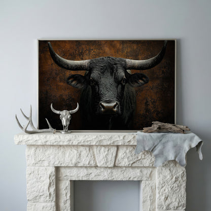 Bull Portrait Canvas Wall Art, Close-Up Horns and Textured Fur in silver floating frame