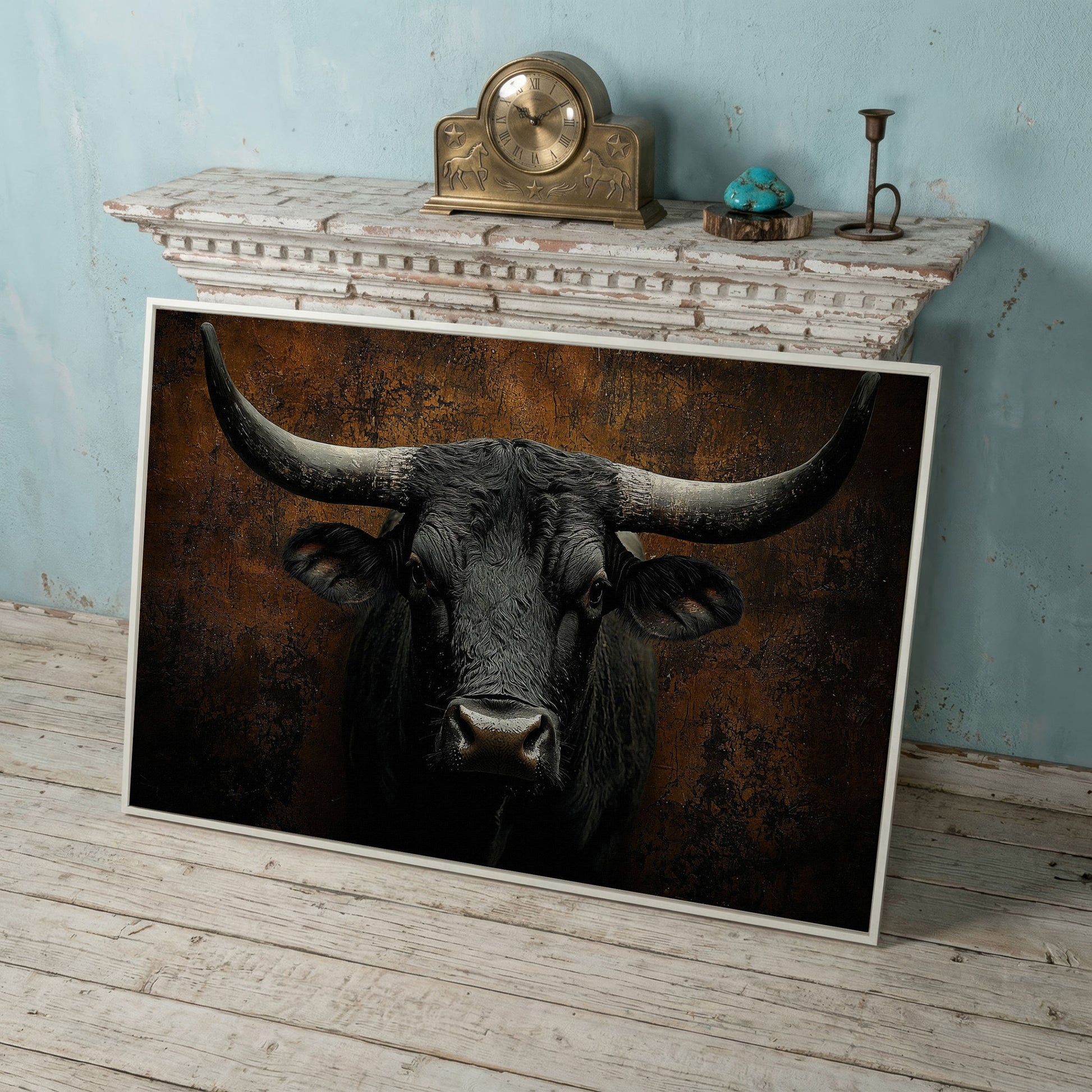 Bull Portrait Canvas Wall Art, Close-Up Horns and Textured Fur in white floating frame