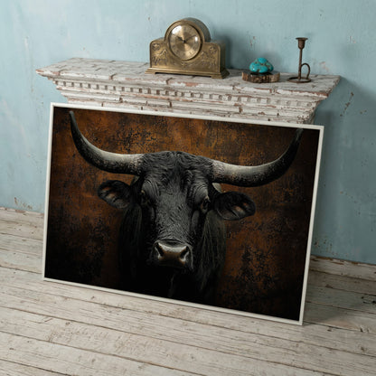Bull Portrait Canvas Wall Art, Close-Up Horns and Textured Fur in white floating frame