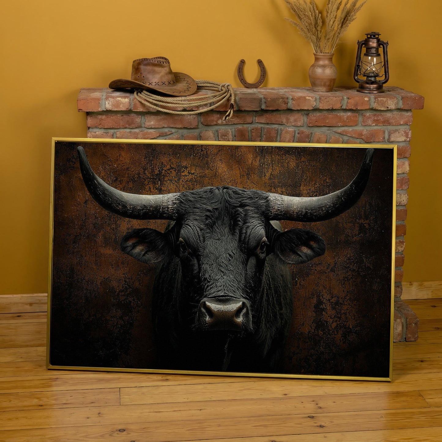 Bull Portrait Canvas Wall Art, Close-Up Horns and Textured Fur in yellow gold floating frame