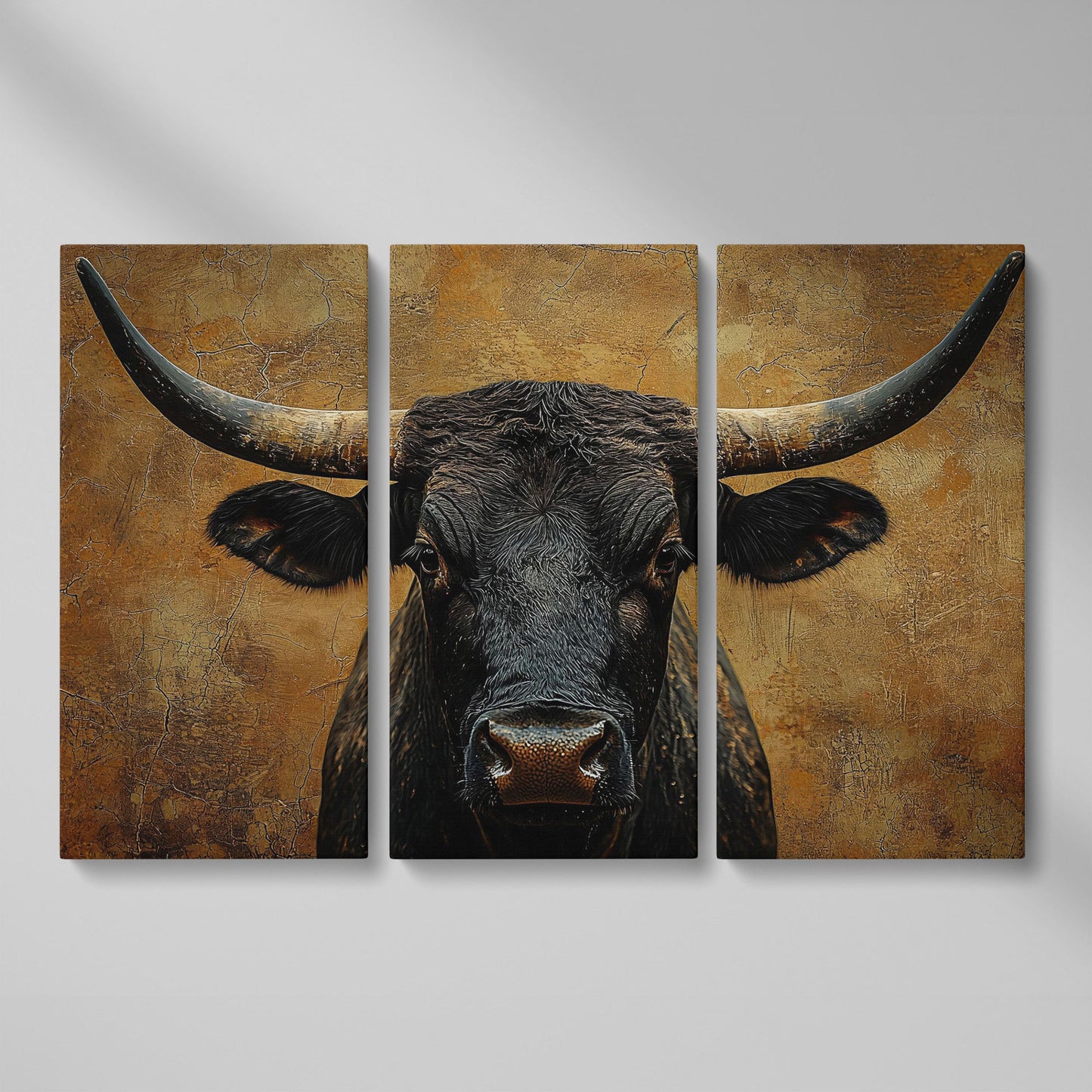 Bull Portrait Canvas Wall Art with Horns, Rustic Western Decor as 3-panel split version