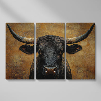 Bull Portrait Canvas Wall Art with Horns, Rustic Western Decor as 3-panel split version