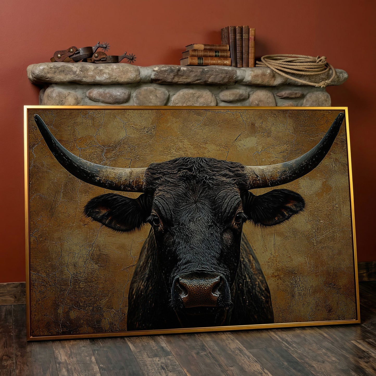 Bull Portrait Canvas Wall Art with Horns, Rustic Western Decor in antique gold floating frame
