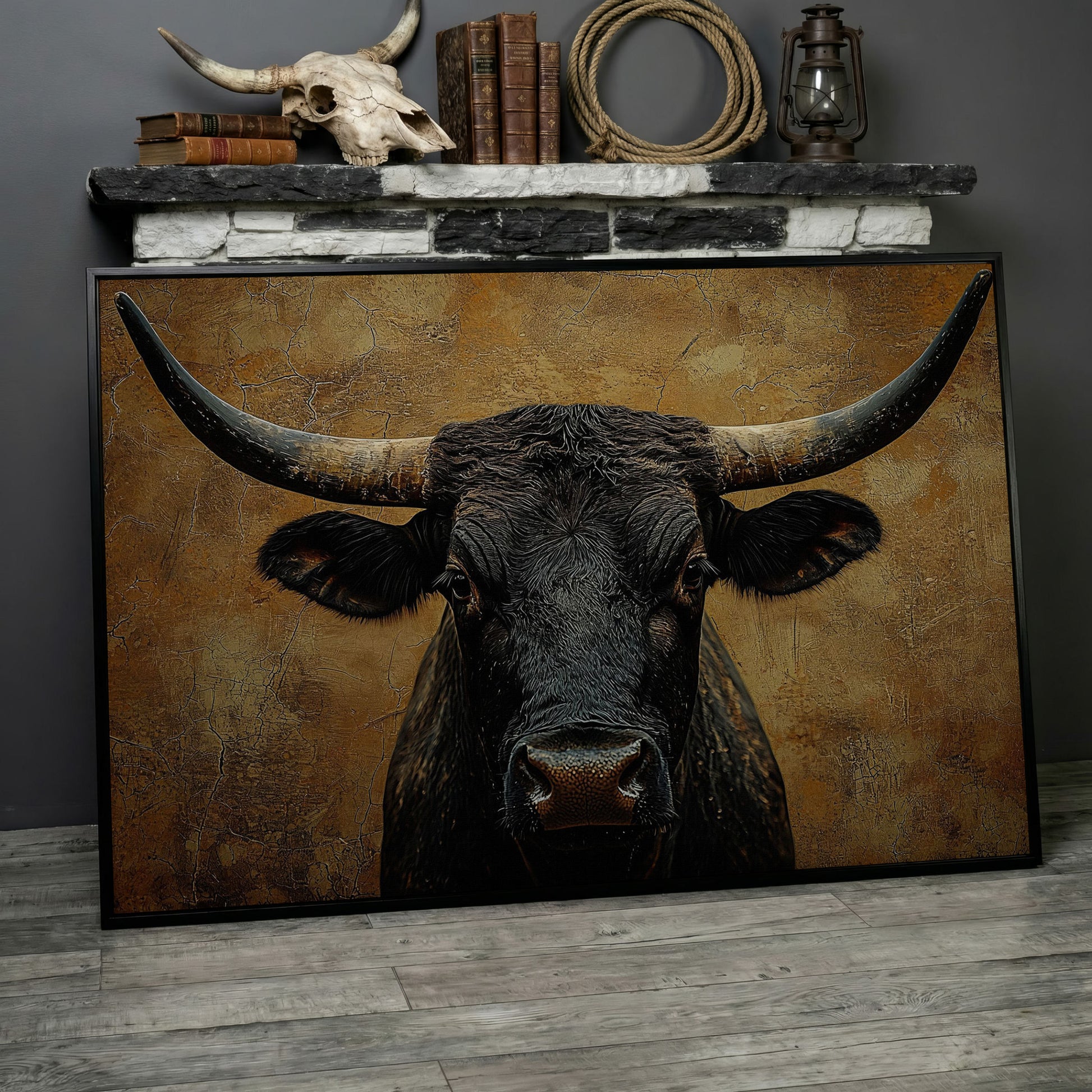 Bull Portrait Canvas Wall Art with Horns, Rustic Western Decor in black floating frame