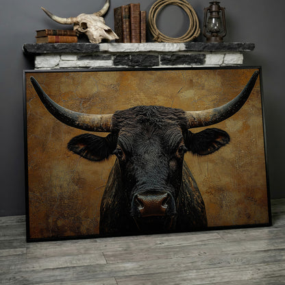Bull Portrait Canvas Wall Art with Horns, Rustic Western Decor in black floating frame