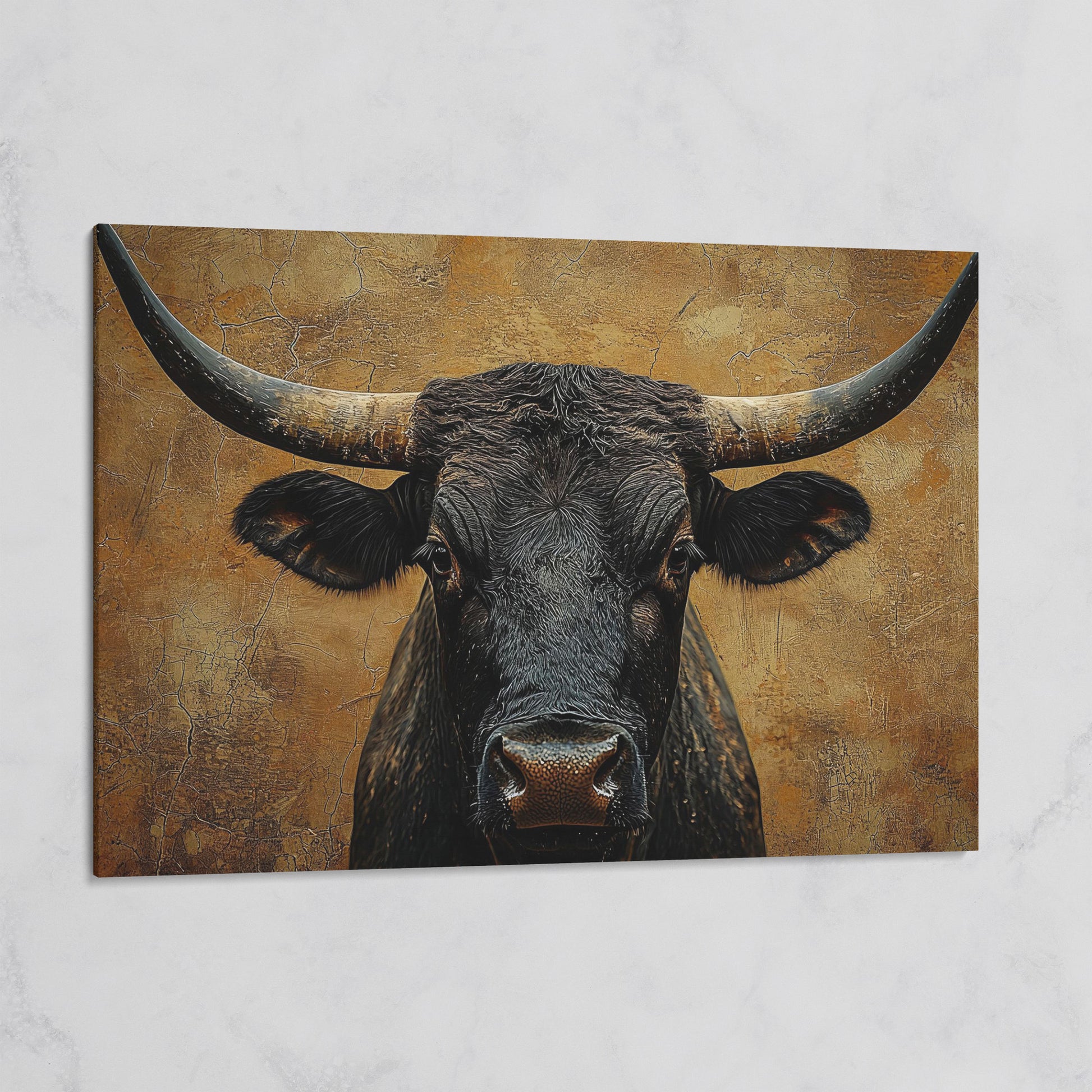 Bull Portrait Canvas Wall Art with Horns, Rustic Western Decor on gallery wrap