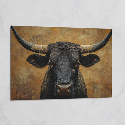 Bull Portrait Canvas Wall Art with Horns, Rustic Western Decor on gallery wrap