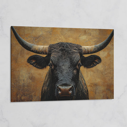 Bull Portrait Canvas Wall Art with Horns, Rustic Western Decor on gallery wrap