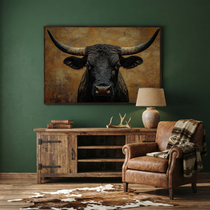 Bull Portrait Canvas Wall Art with Horns, Rustic Western Decor in dark walnut floating frame