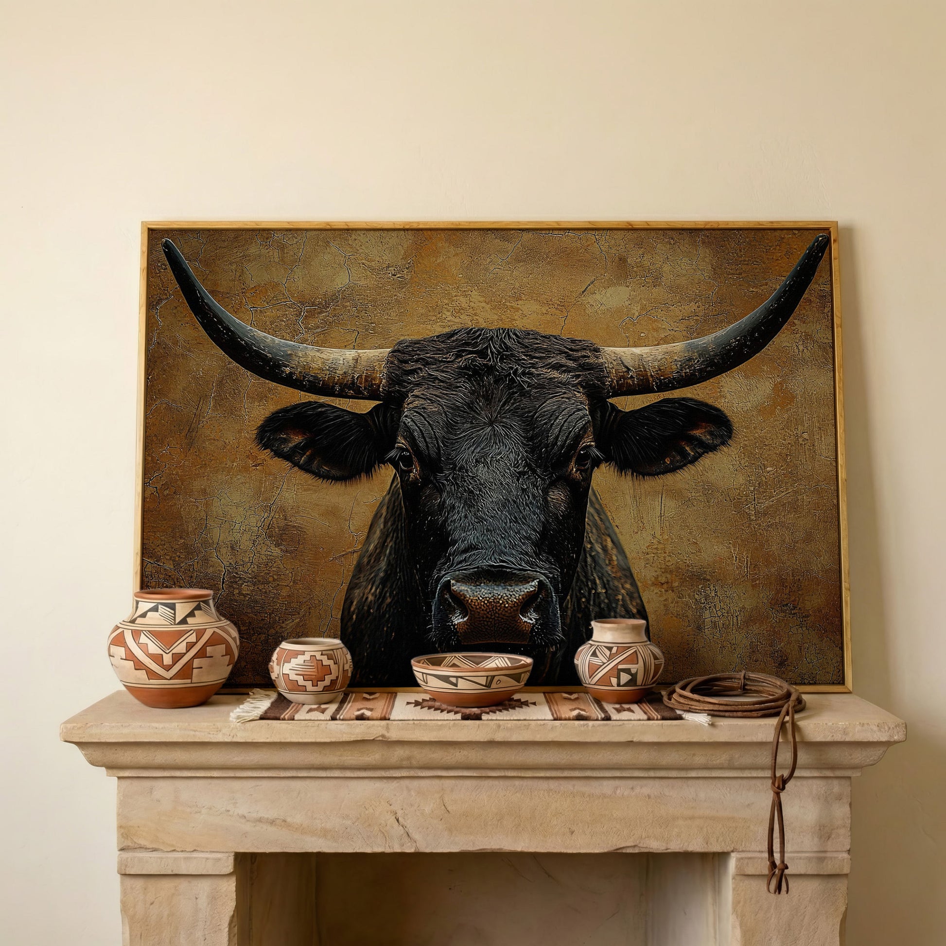 Bull Portrait Canvas Wall Art with Horns, Rustic Western Decor in white oak floating frame